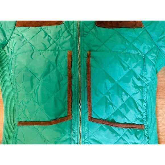 Ralph Lauren Sport Quilted Jacket Green W/ 100% Calf Suede Brown Trim Women S/P - Picture 4 of 10